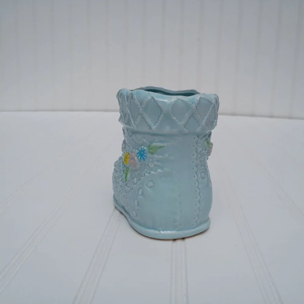 Napco Japan Vintage Baby Bootie Planter Blue Ceramic Laced Flower Mid-Century 4
